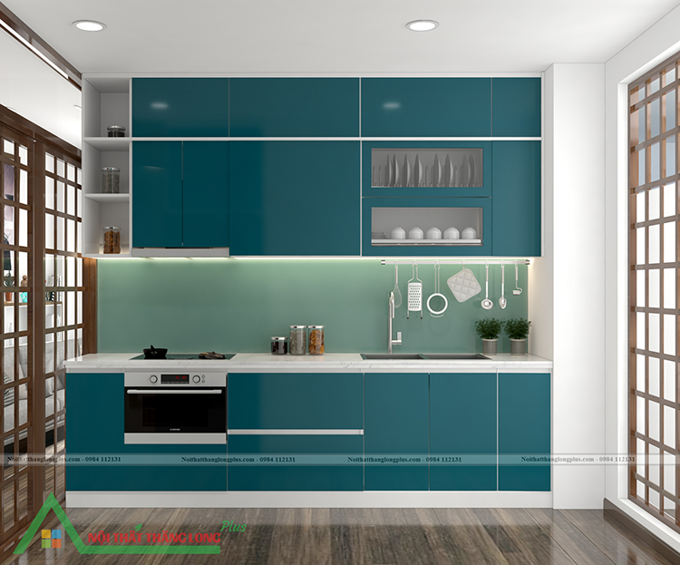 Tủ bếp được thiết kế với màu xanh vô cùng nổi bật