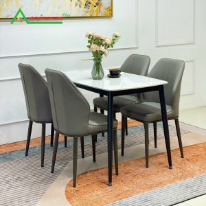 [BA03] Bàn ăn ghế Keva bọc da cao cấp, chân gỗ sồi, mặt đá