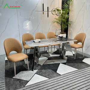 [BA13] Bàn ăn chân inox mặt đá xuyên sáng, 6 ghế chống mèo cào