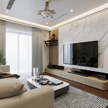 Thiết kế nội thất phòng khách sang trọng, hiện đại với nội thất tối giản