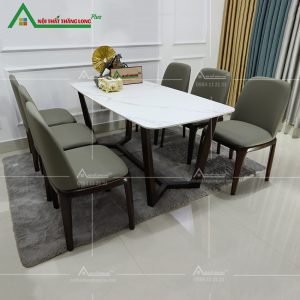 [BA27] Bộ bàn ăn gia đình 6 ghế GRACE mặt đá 3D vân mây
