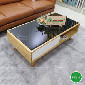 [BT07] Bàn trà gỗ sồi tự nhiên, mặt kính sang trọng