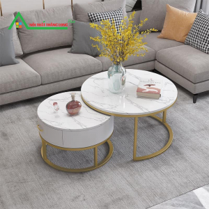 [BT21] Bàn trà tròn đôi chân thép sơn tĩnh điện màu vàng có ngăn kéo