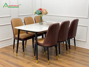 [BA04] Bàn ăn bộ 6 ghế chân côn bọc đồng